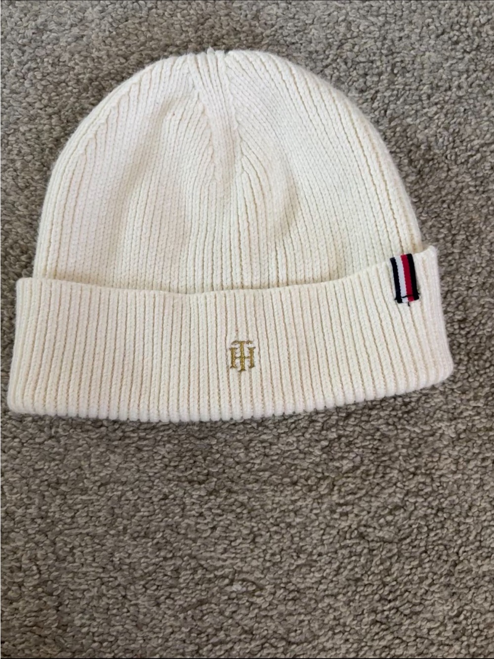 Tommy Hilfiger Ivory Ribbed Cuff Beanie with Signature Stripe